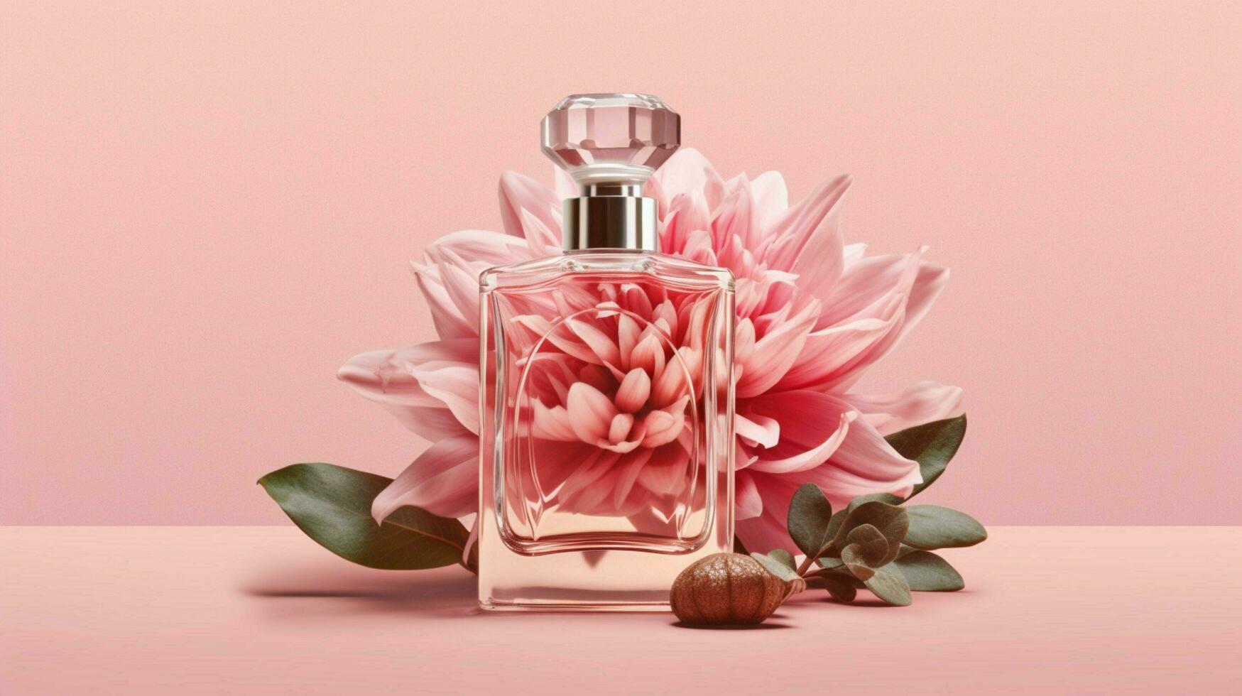 a bottle of perfume with a pink flower next to it photo