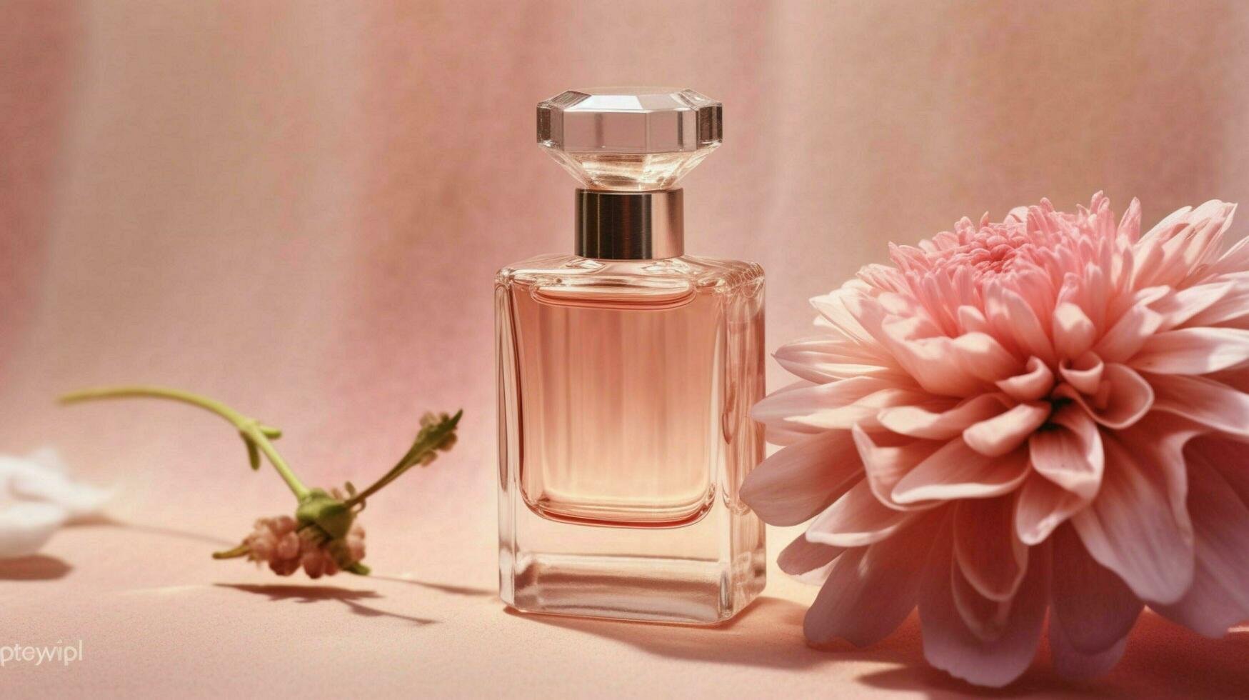 a bottle of perfume with a pink flower next to it photo