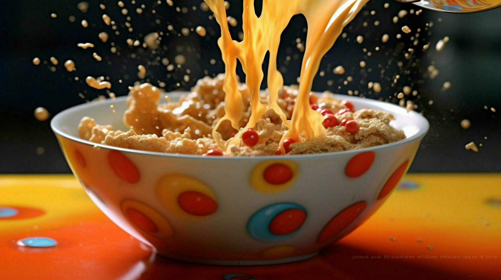 a bowl of cereal being poured into a bowl with a photo