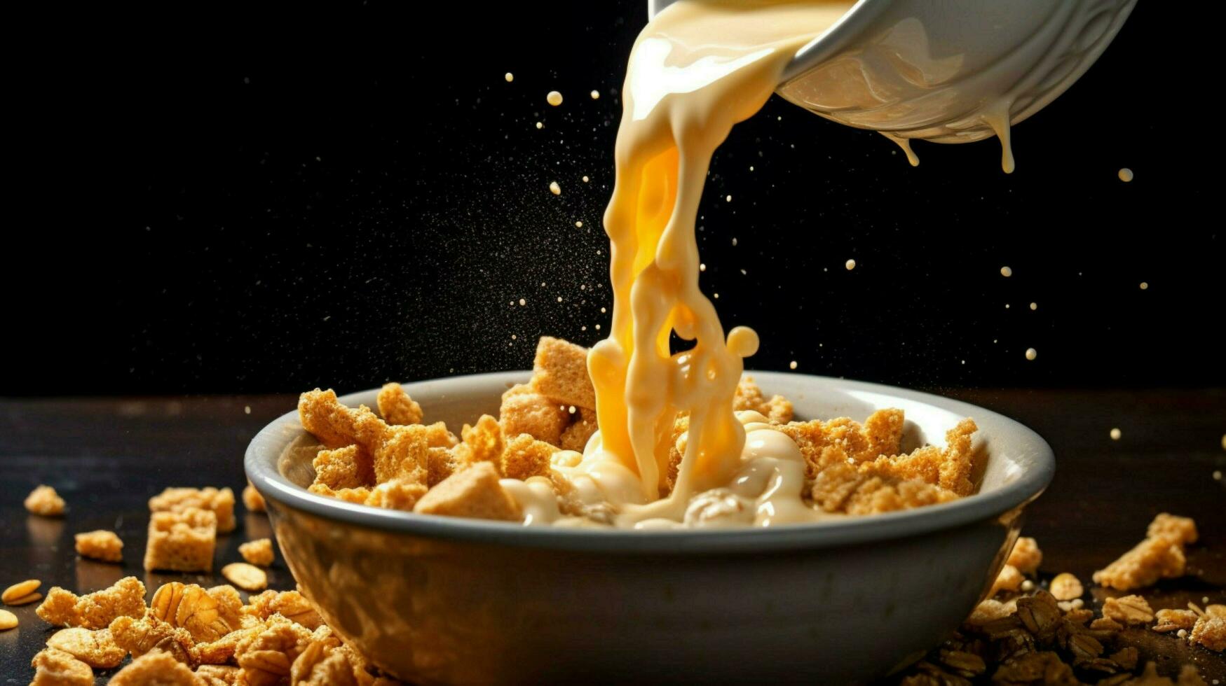 a bowl of cereal being poured into a bowl with a photo