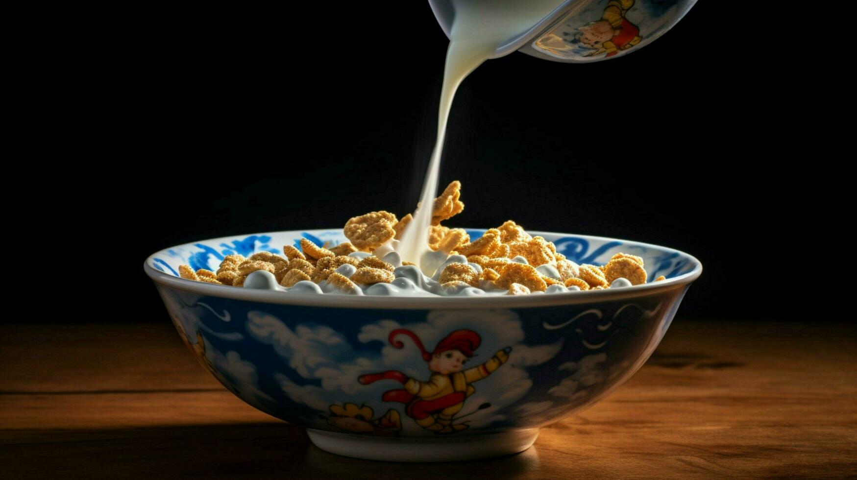 a bowl of cereal is being poured into a bowl with photo