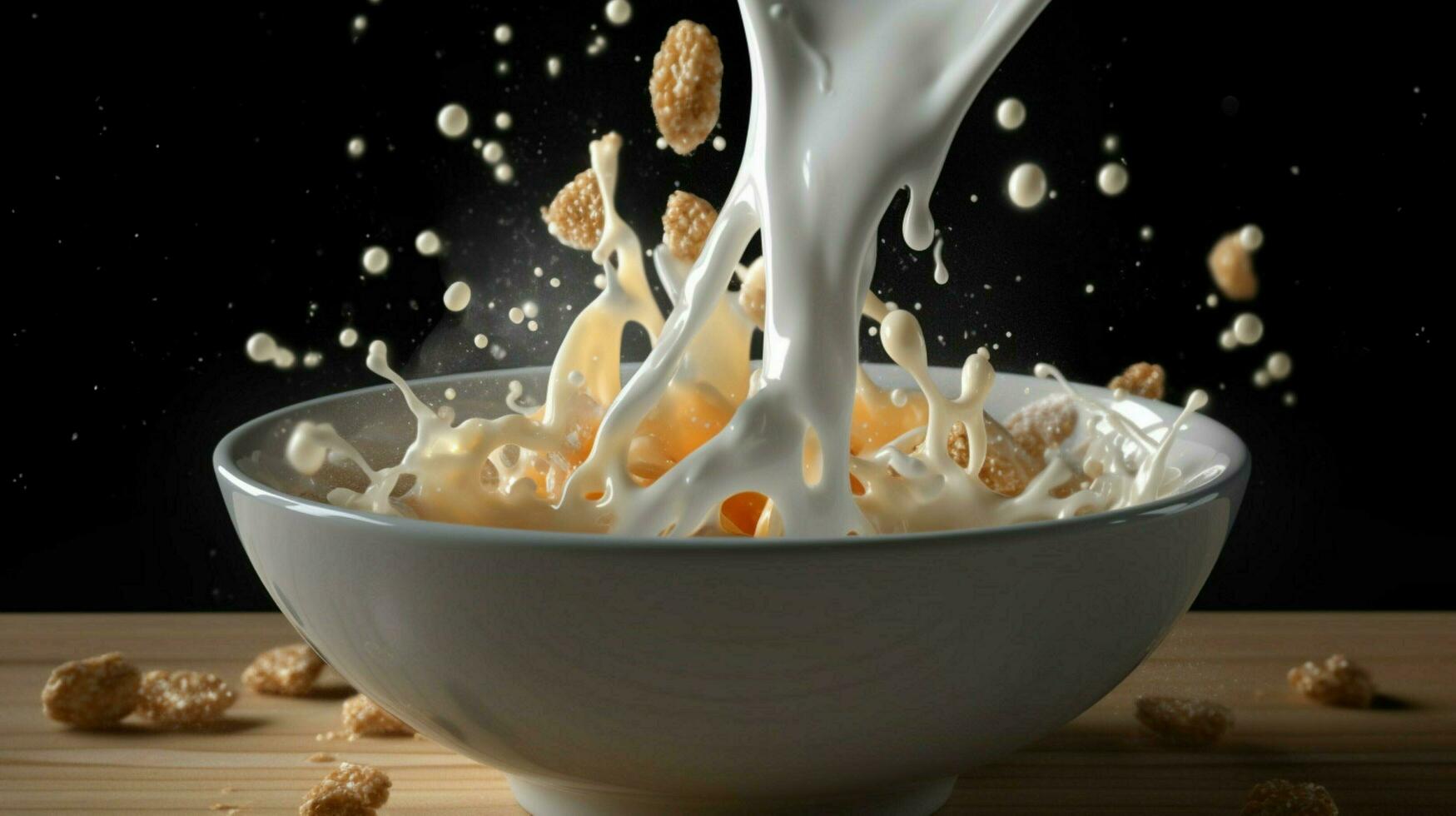 a bowl of cereal with milk and a splash of milk photo