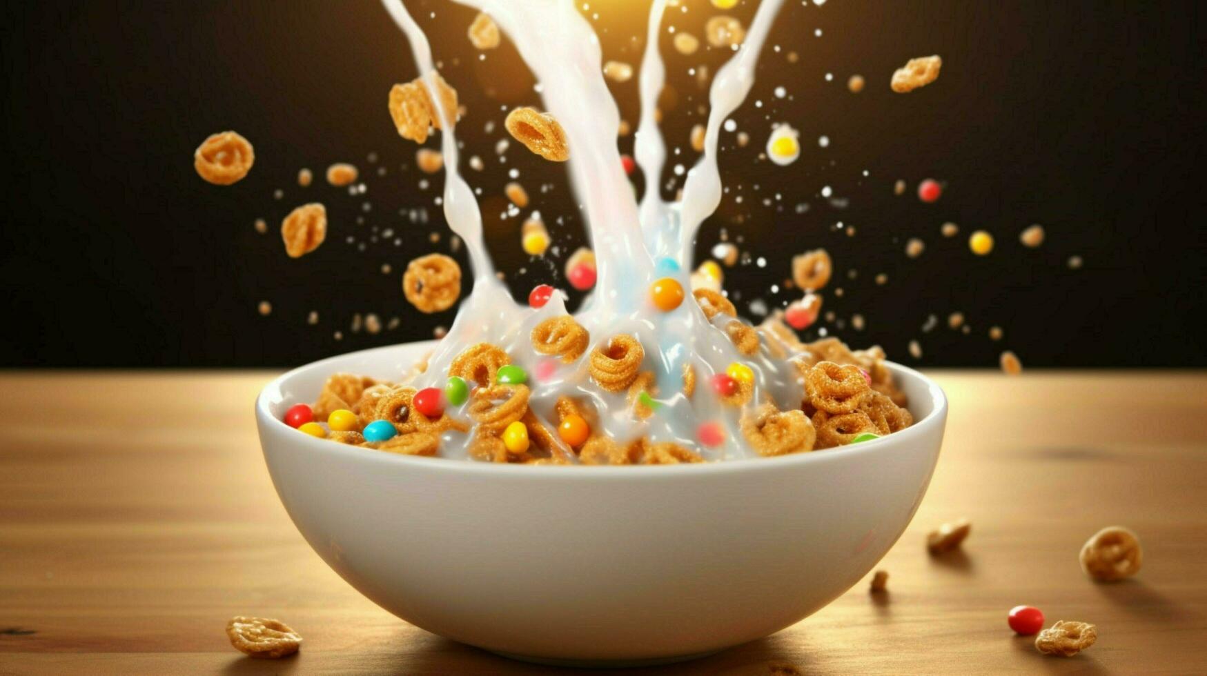 a bowl of cereal with milk and a splash of milk photo