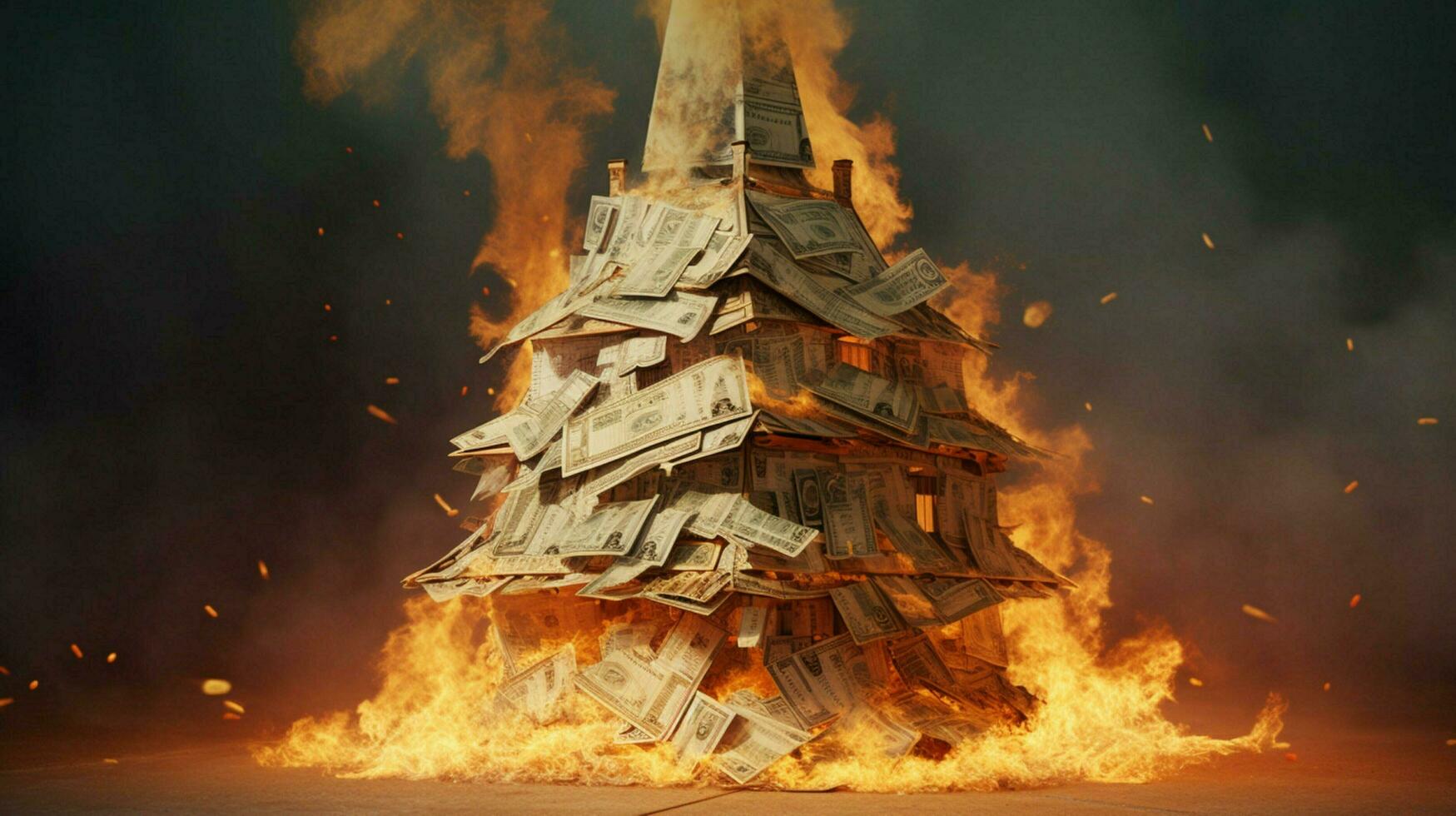 a burning house of stack of money photo