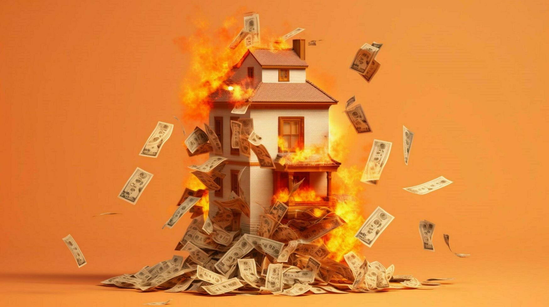a burning house of stack of money photo