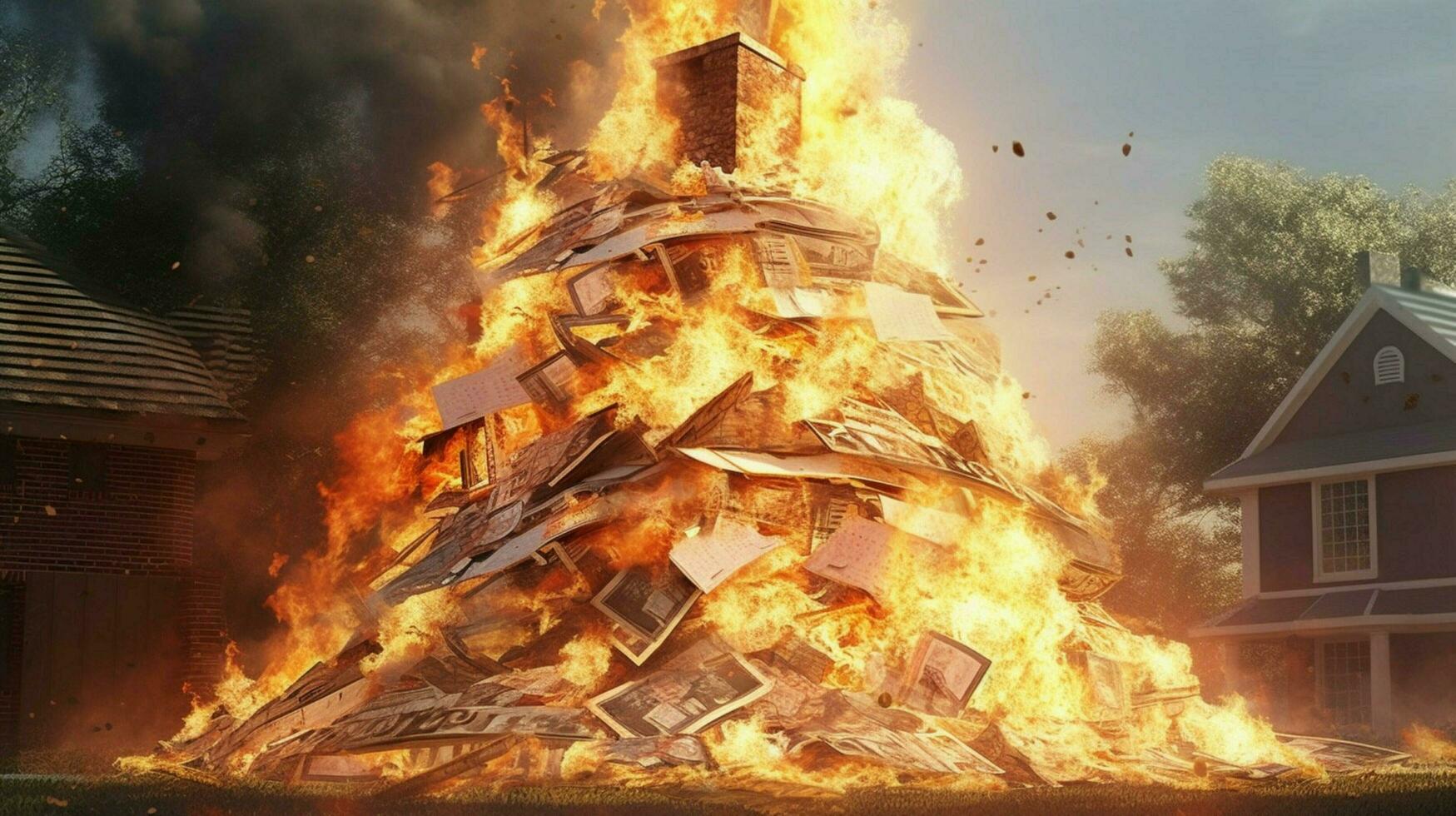 a burning house of stack of money photo