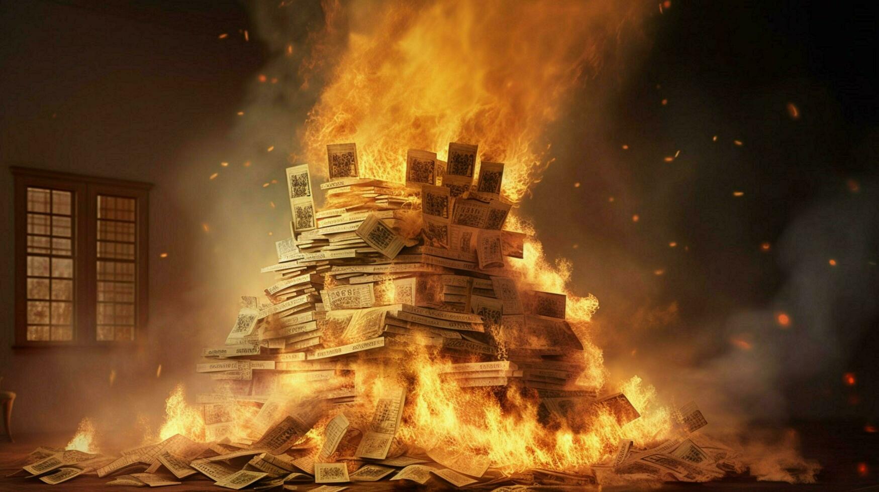 a burning house of stack of money photo