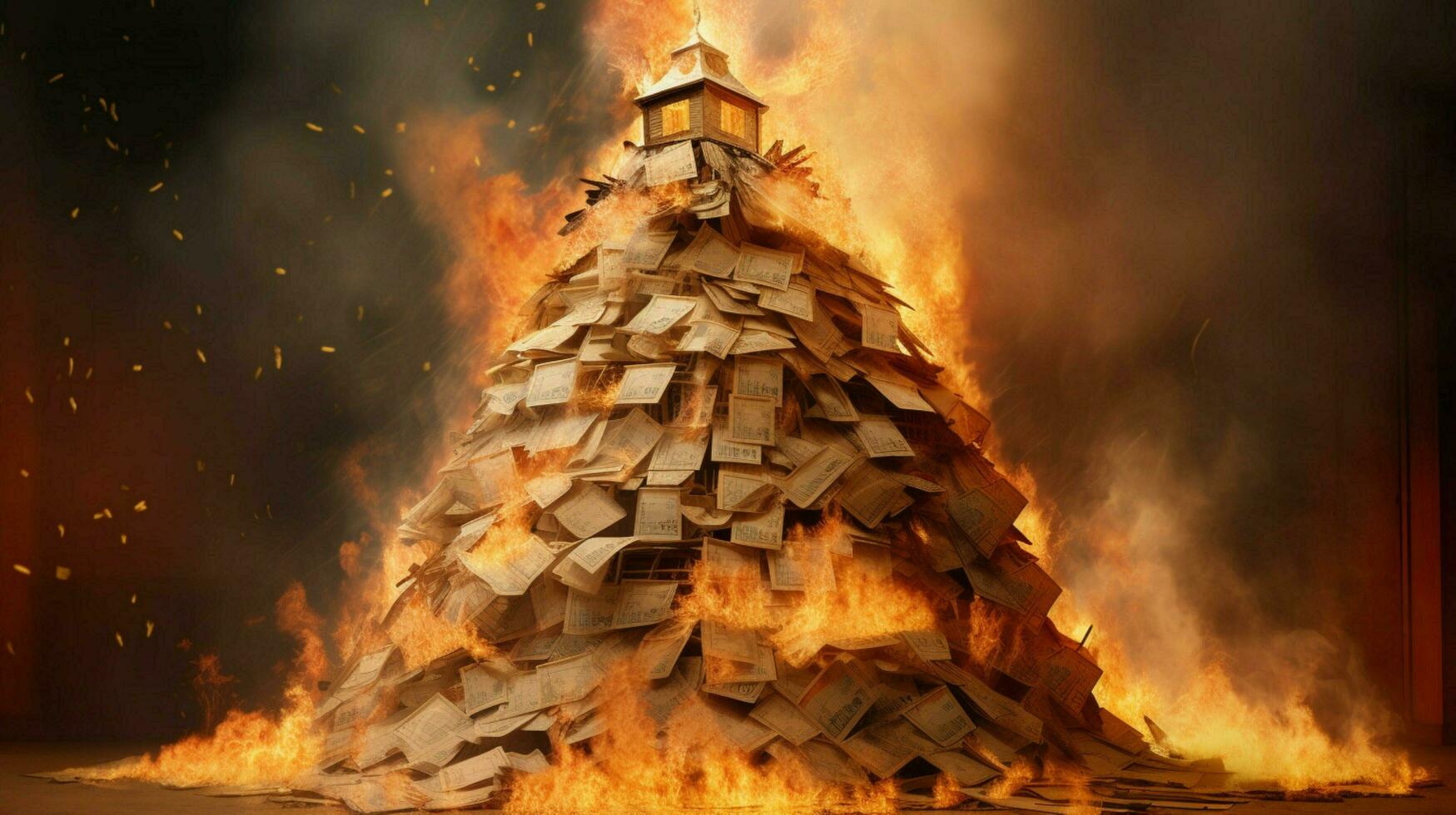 a burning house of stack of money photo