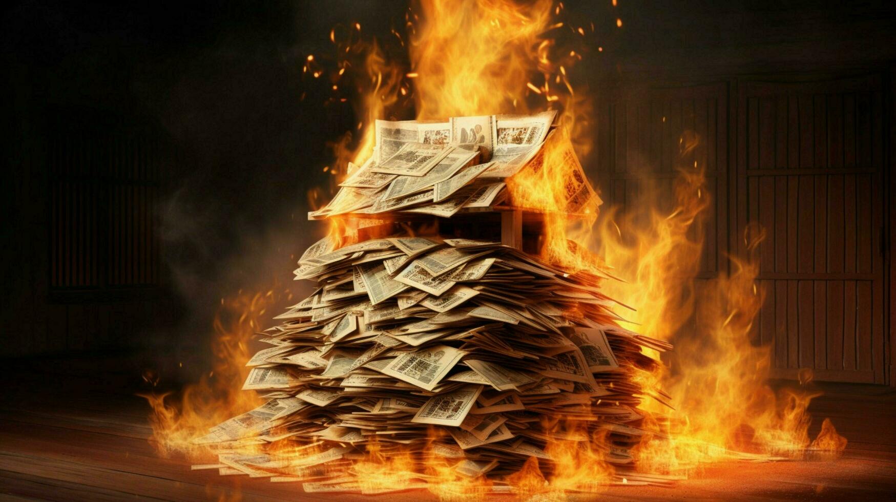 a burning house of stack of money photo