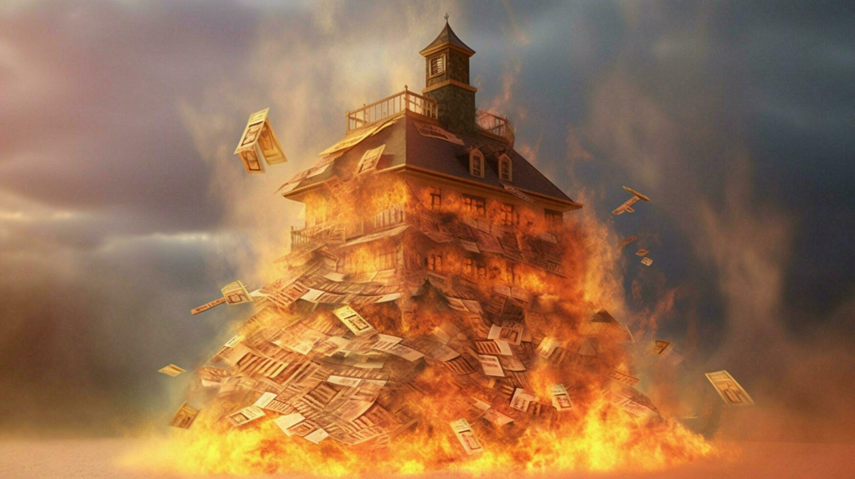 a burning house of stack of money photo