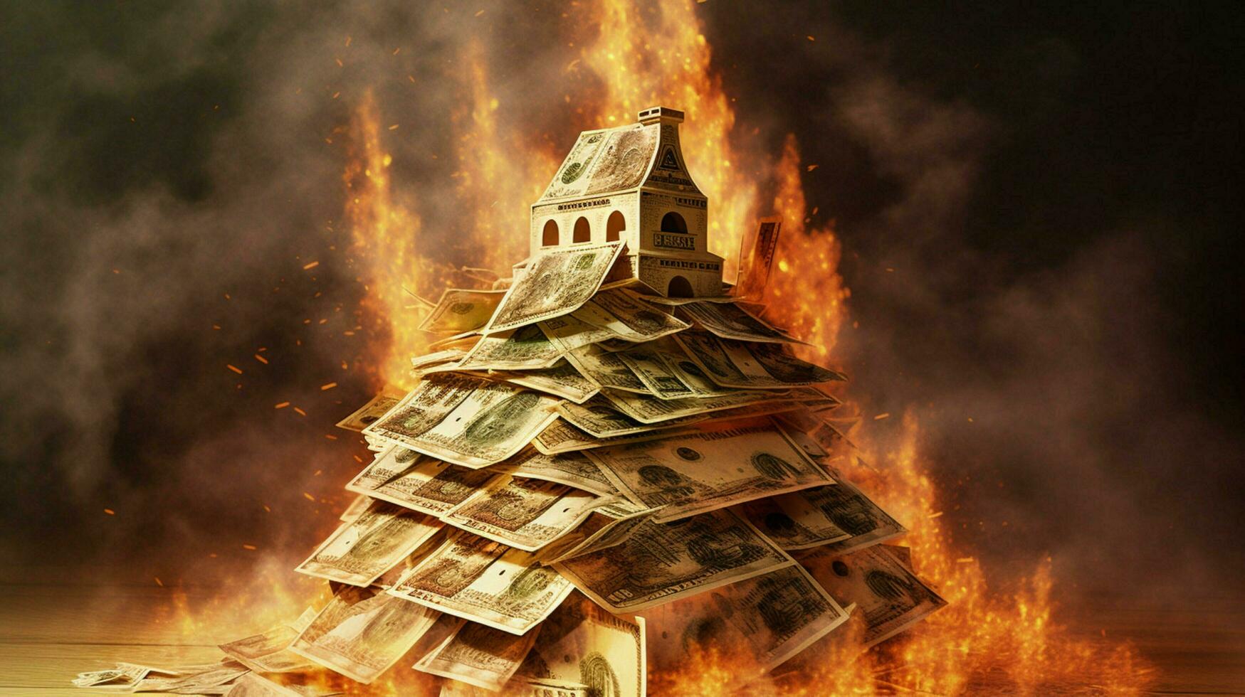 a burning house of stack of money photo