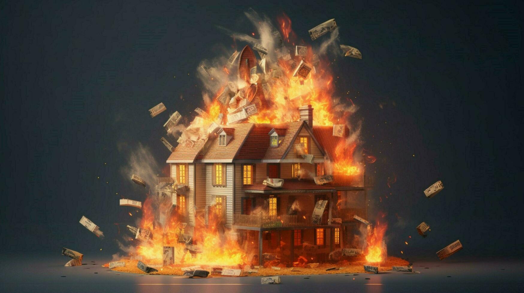 a burning house of stack of money photo