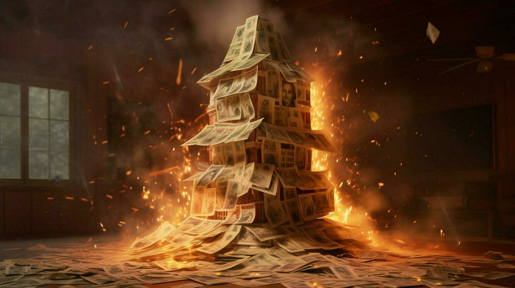 a burning house of stack of money photo