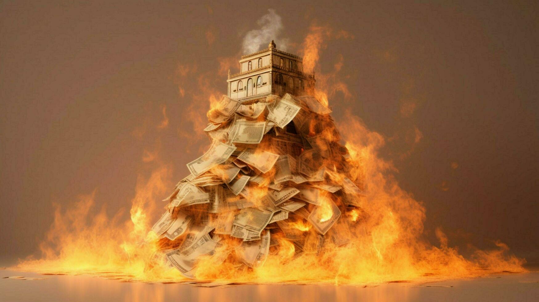 a burning house of stack of money photo