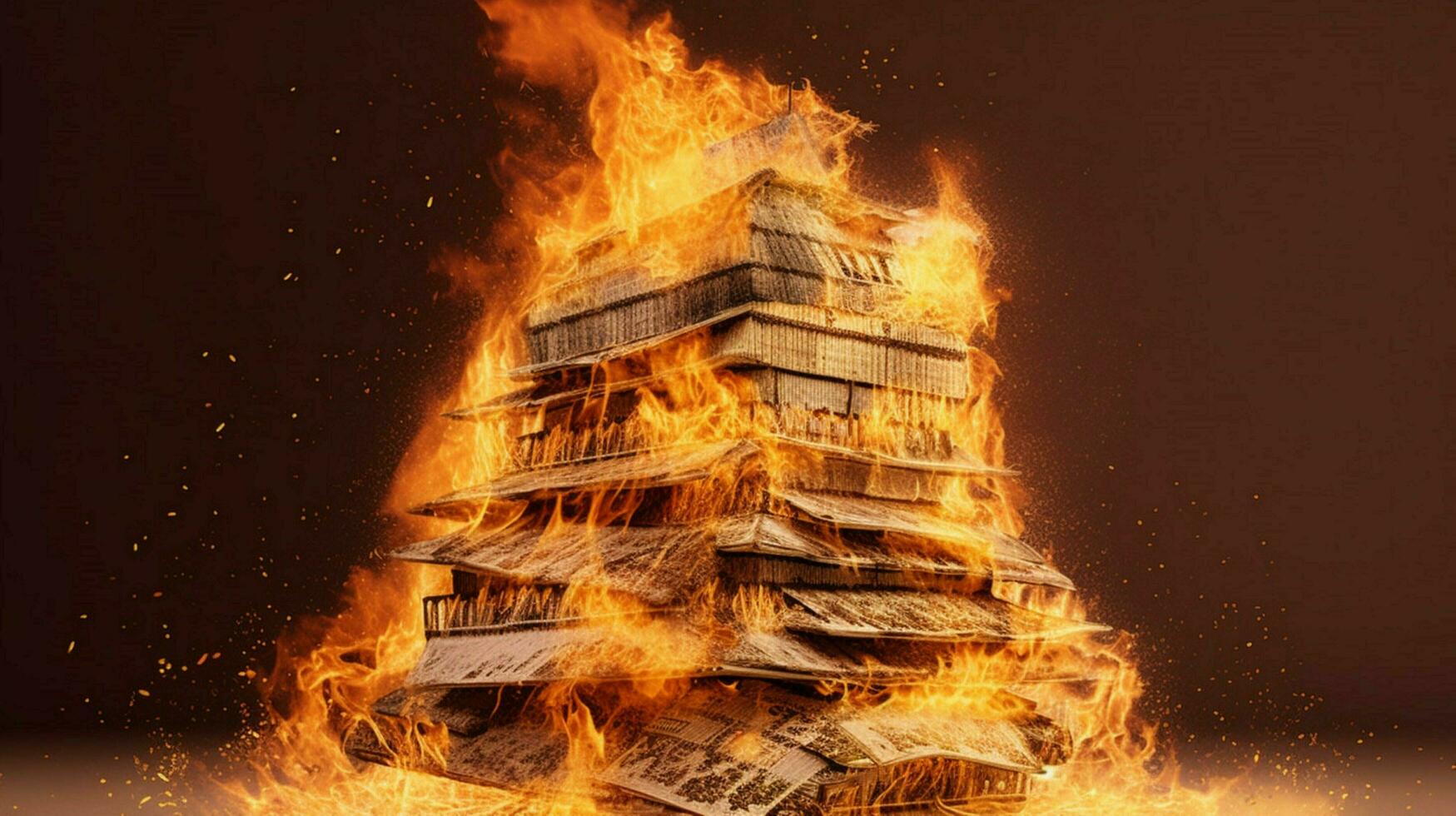 a burning house of stack of money photo