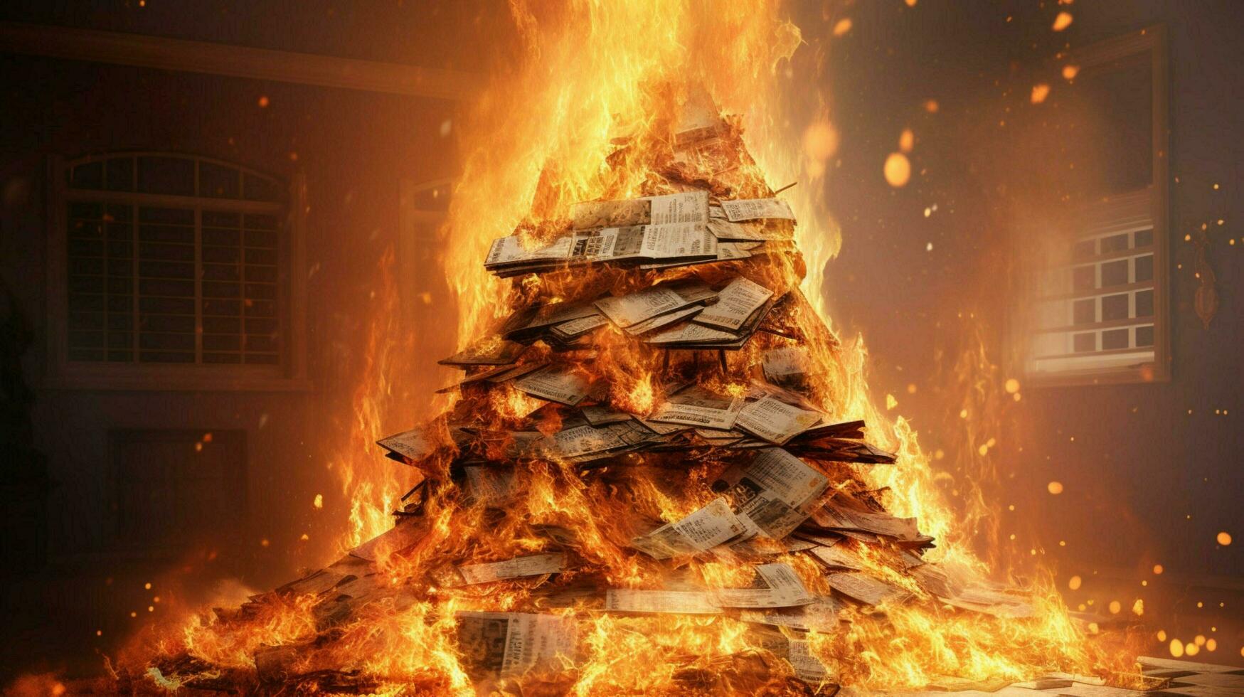 a burning house of stack of money photo