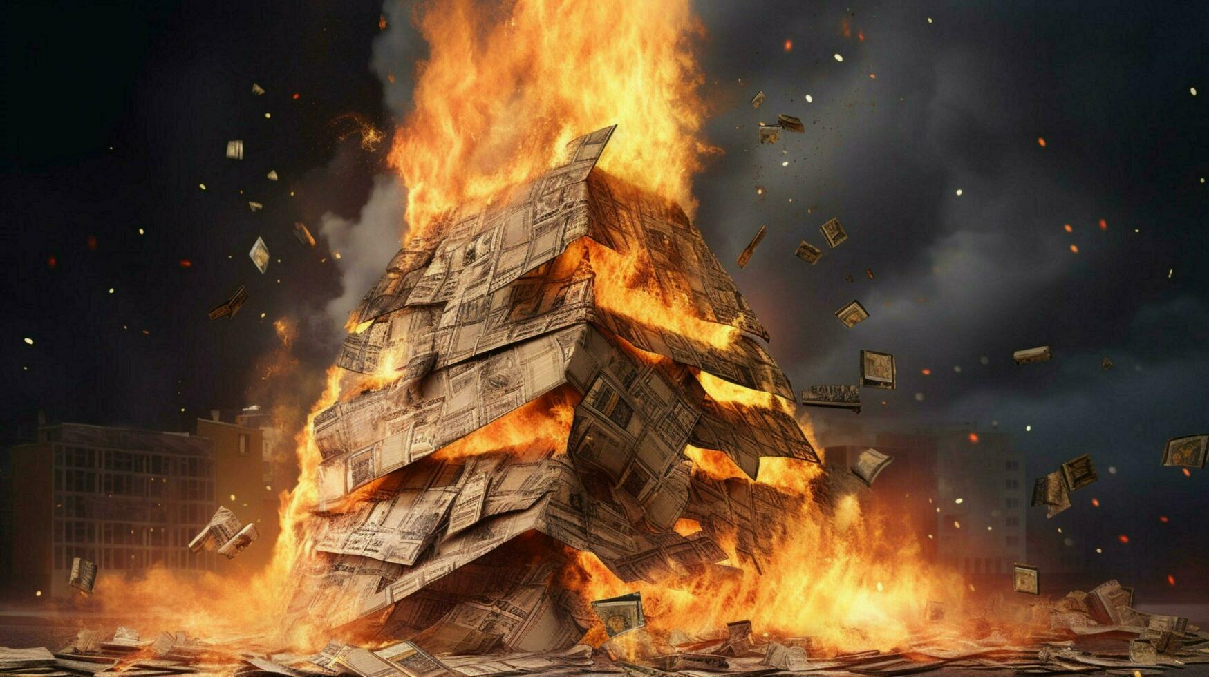 a burning house of stack of money photo