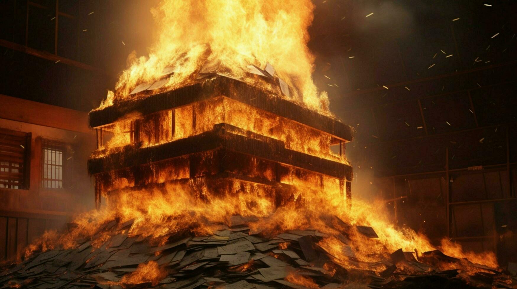 a burning house of stack of money photo