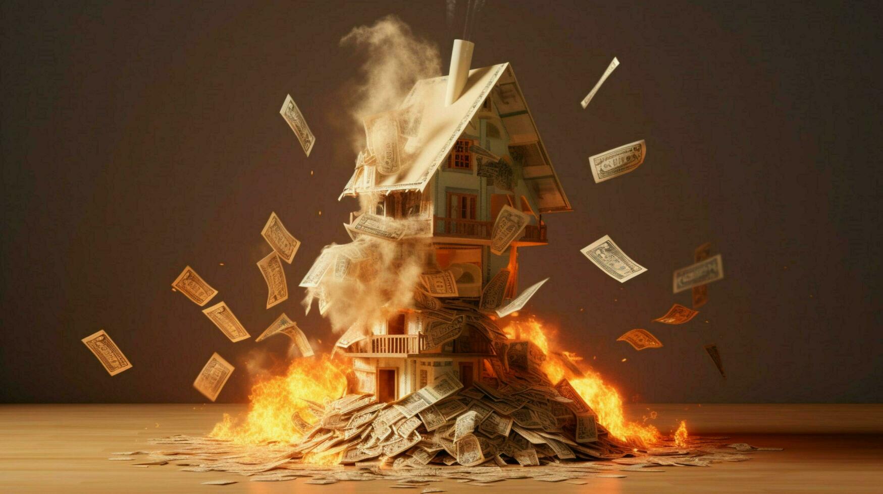 a burning house of stack of money photo