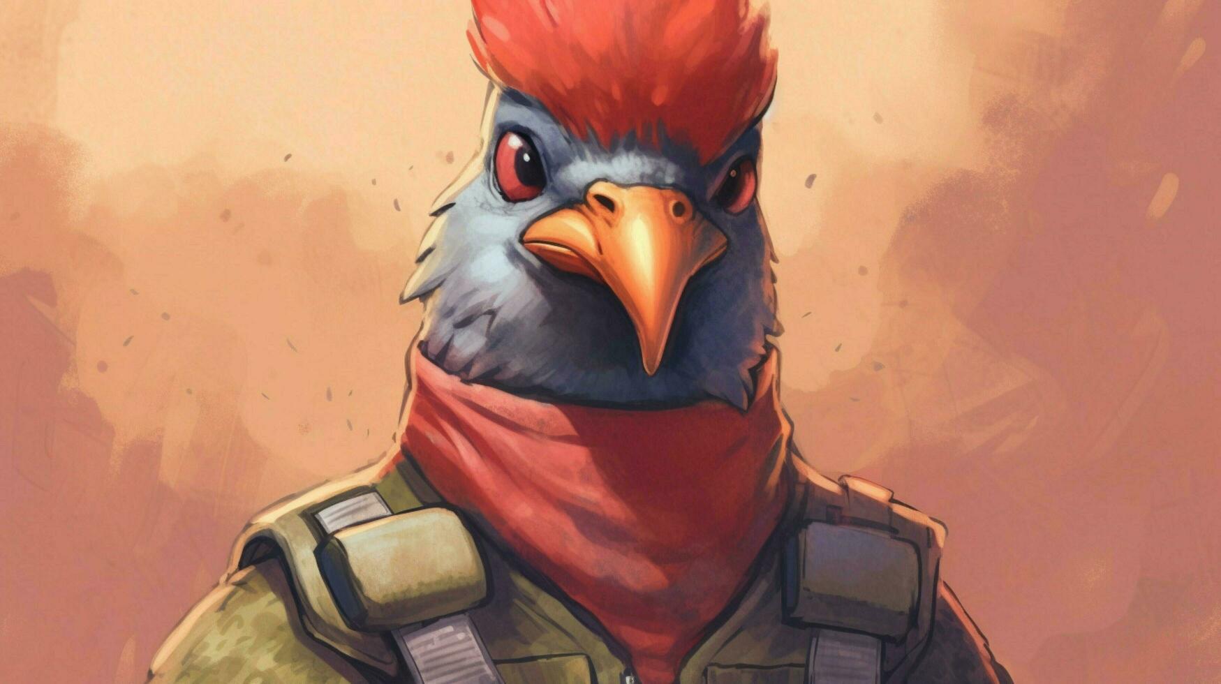 a cartoon bird with a vest that saysnext waron it photo