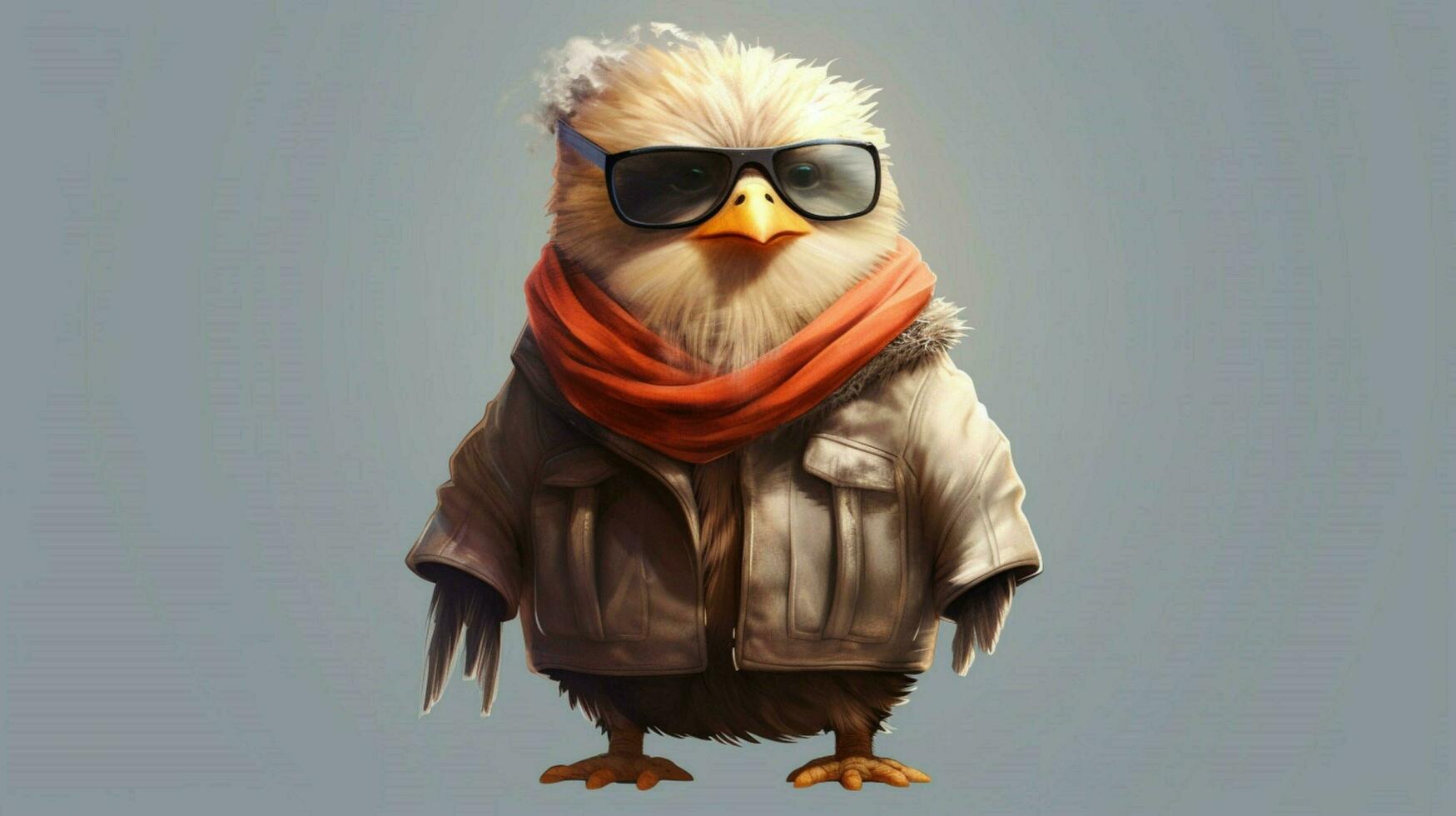 a cartoon bird with a scarf and a jacket that say photo