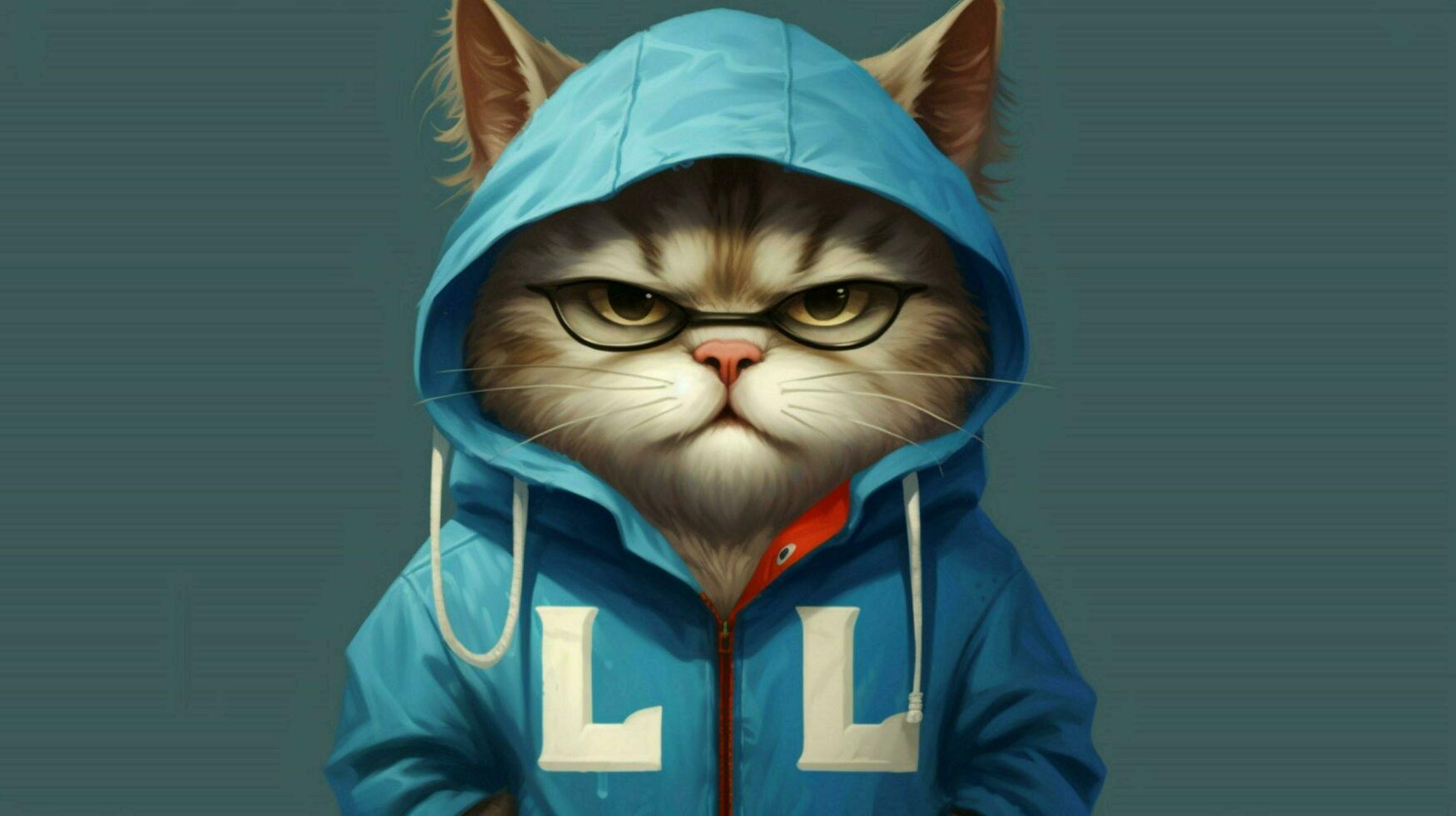 a cartoon cat wearing a blue jacket with a letter photo
