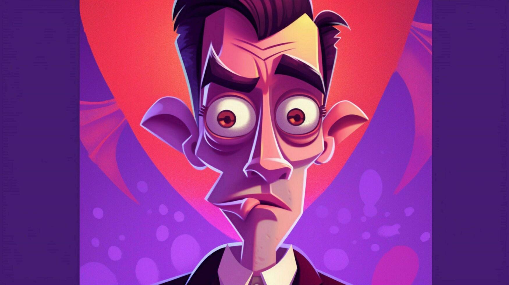 a cartoon character with a purple background and photo