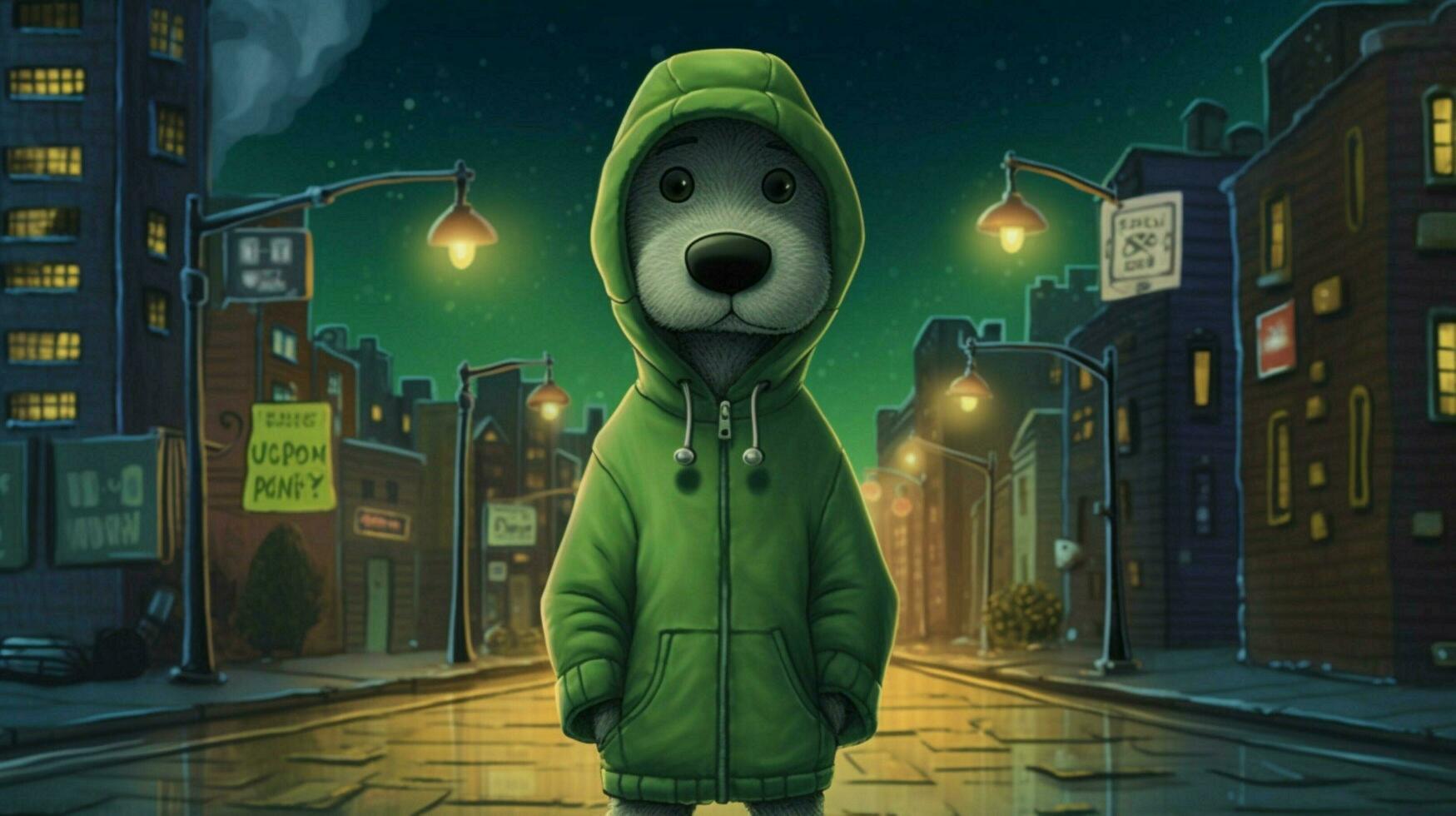 a cartoon dog with a green hoodie and a green hoo photo