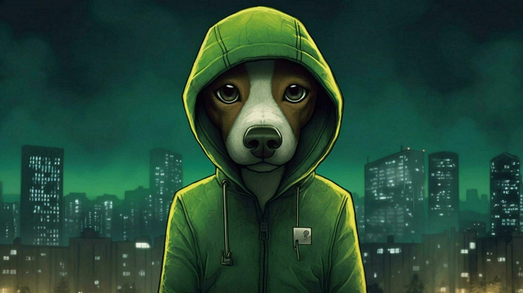 a cartoon dog with a green hoodie and a green hoo photo