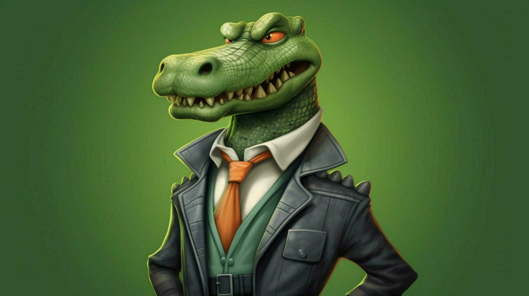 a cartoon crocodile with a green shirt and black photo