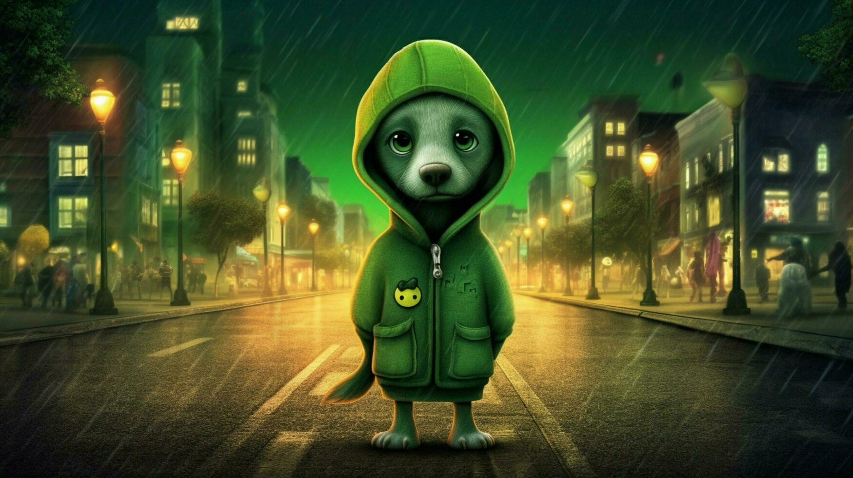 a cartoon dog with a green hoodie and a green hoo photo