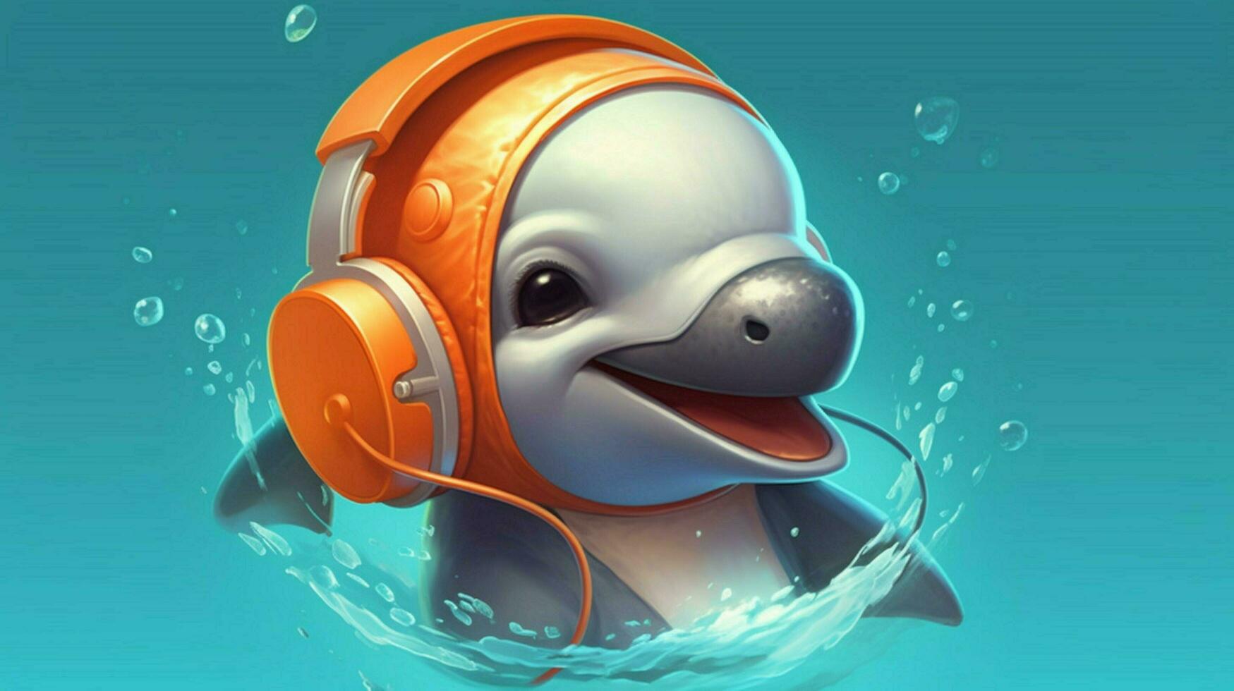 a cartoon dolphin with a headphones on his head photo