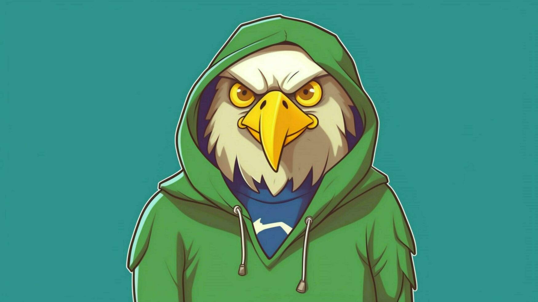 a cartoon eagle with a green hoodie and a green photo