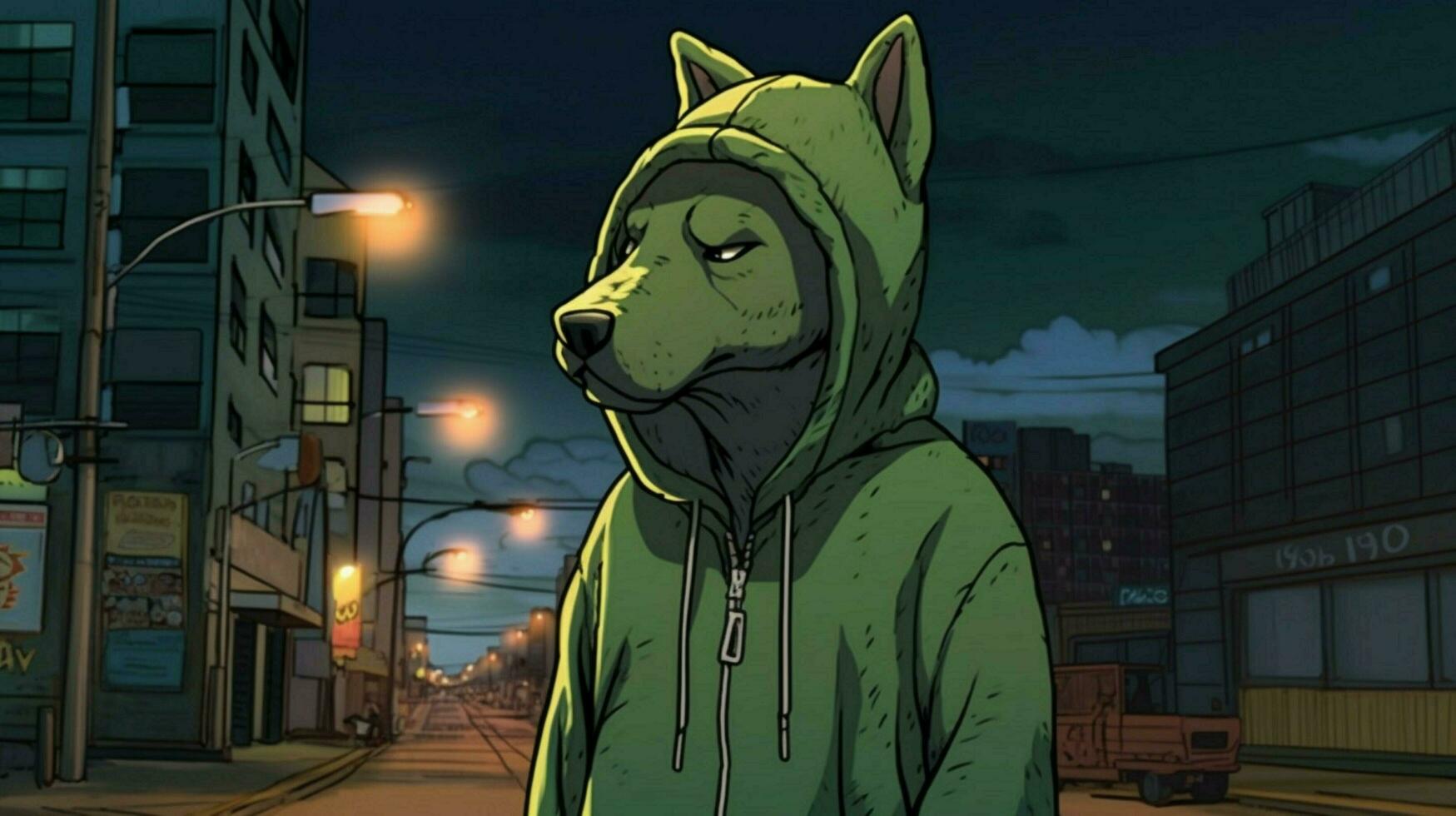 a cartoon dog with a green hoodie and a green hoo photo