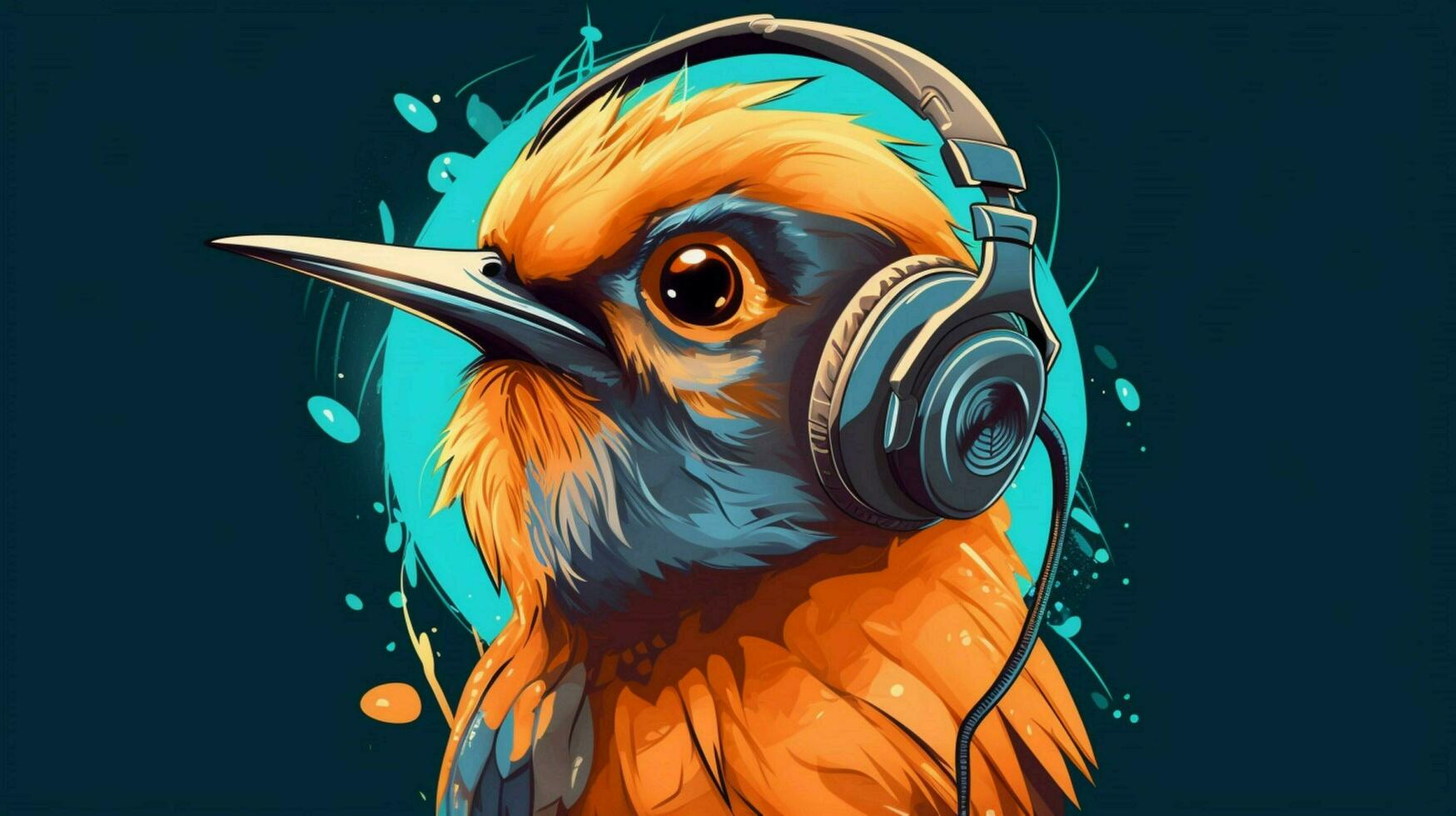 a cartoon illustration of a bird wearing headphone photo