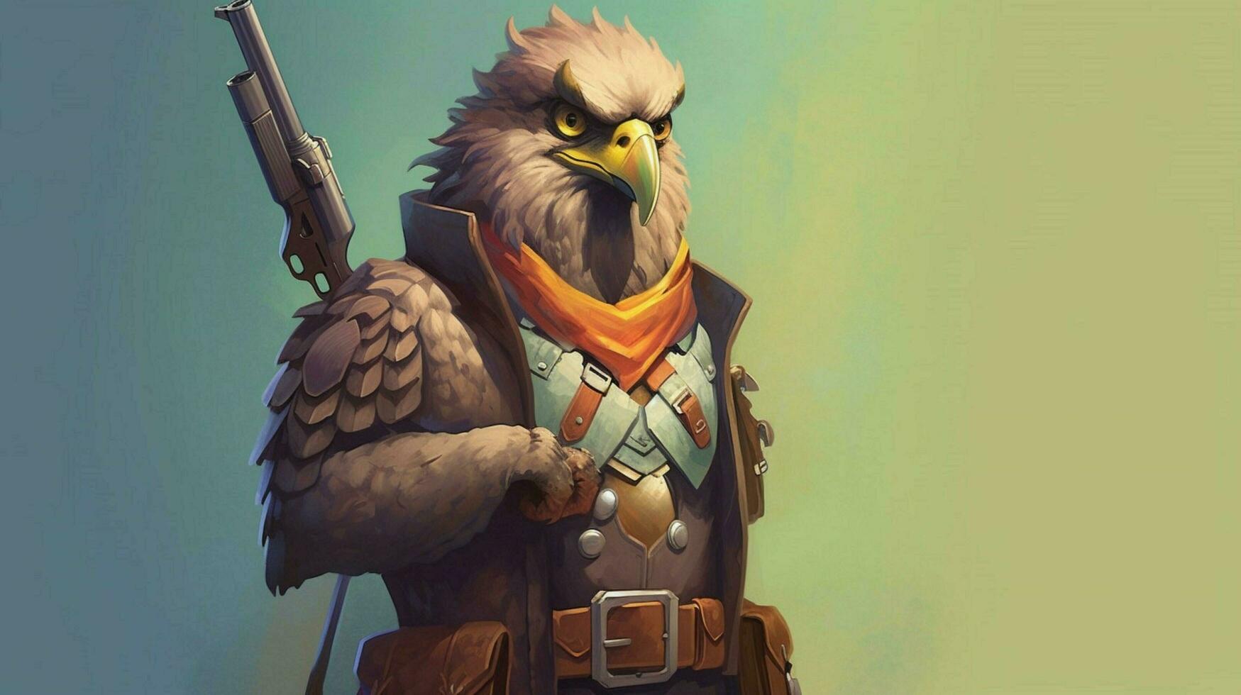 a cartoon image of a hawk with a gun and a gun on photo