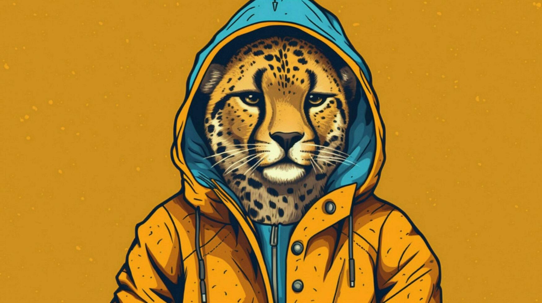 a cartoon image of a cheetah wearing a jacket and photo