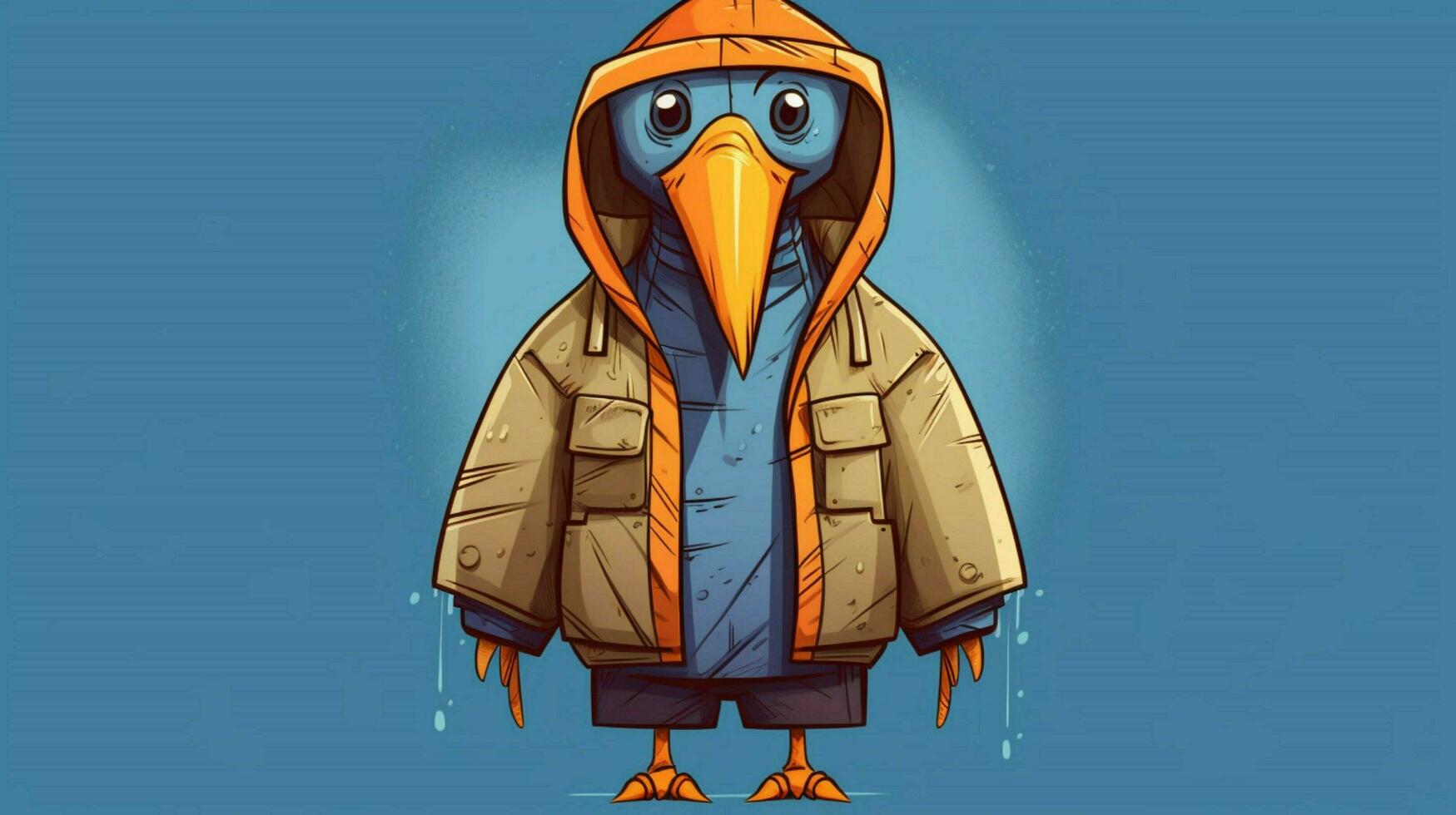 a cartoon of a bird wearing a jacket with the wor photo