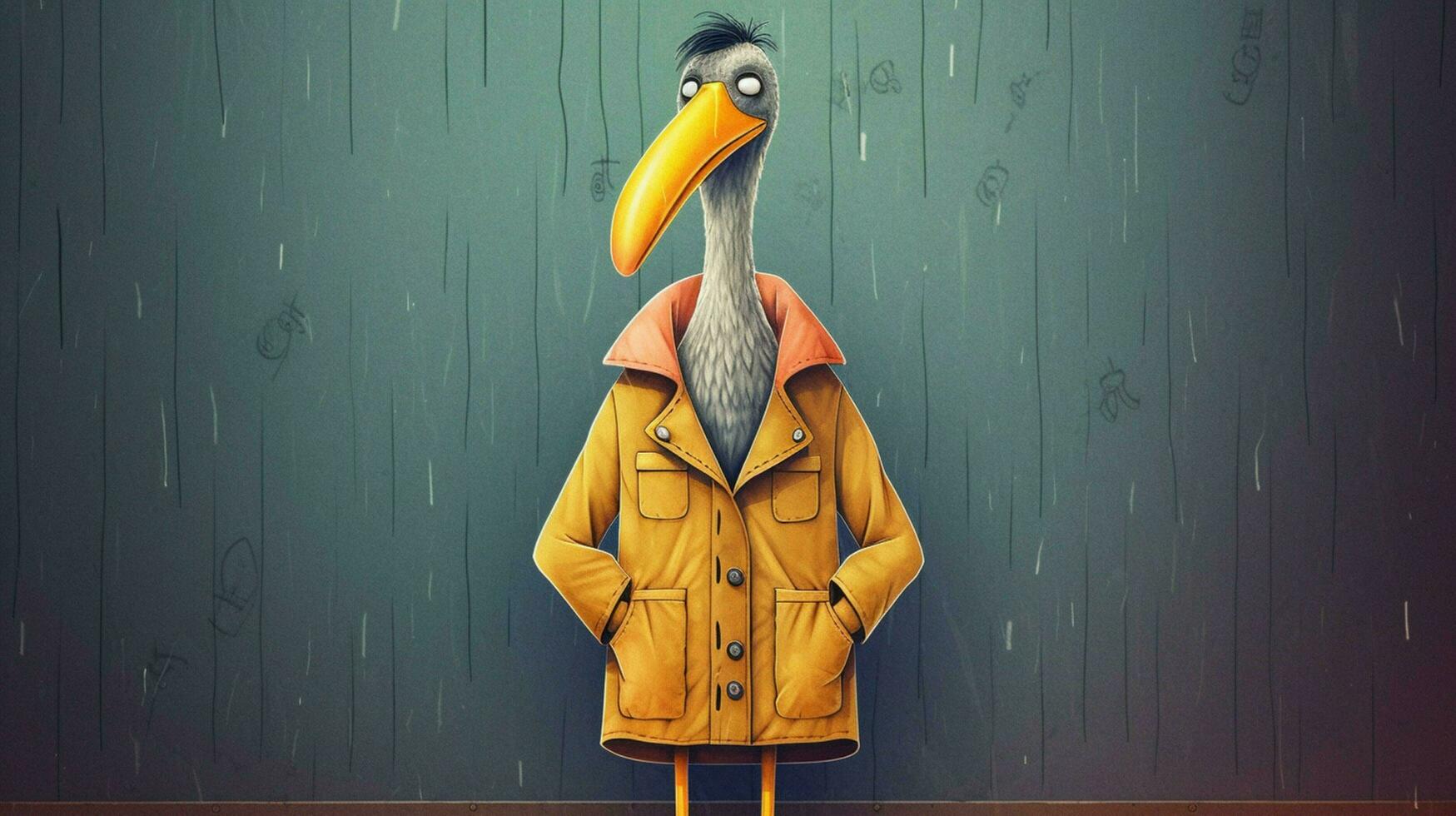 a cartoon of a bird wearing a jacket with the wor photo