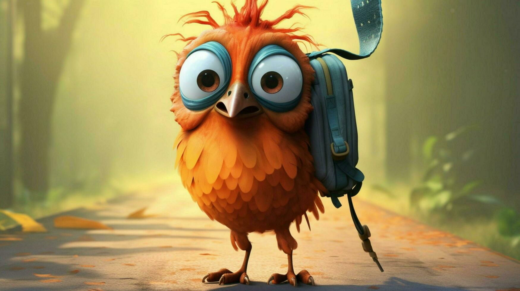 a cartoon of a bird with a backpack and a bookmar photo