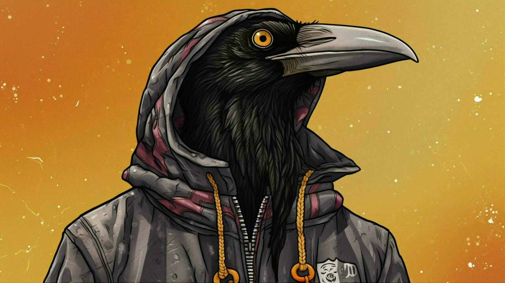 a cartoon of a crow wearing a jacket with the wor photo