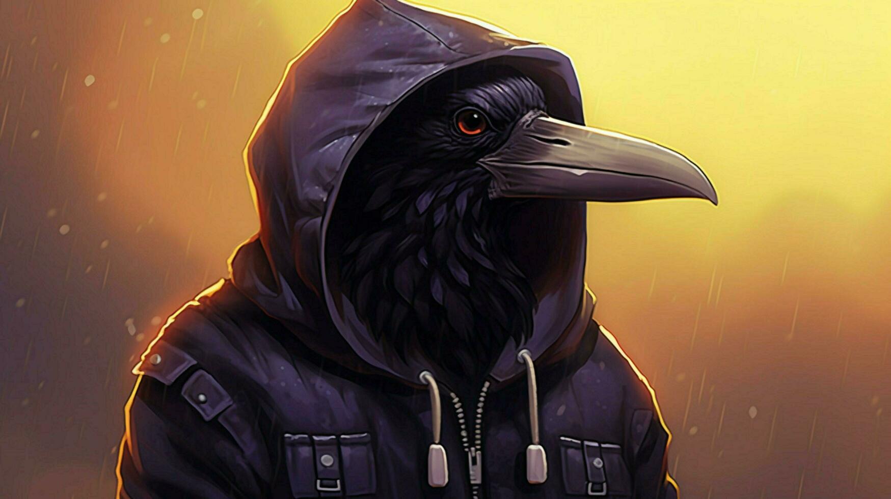 a cartoon of a crow wearing a jacket with the wor photo