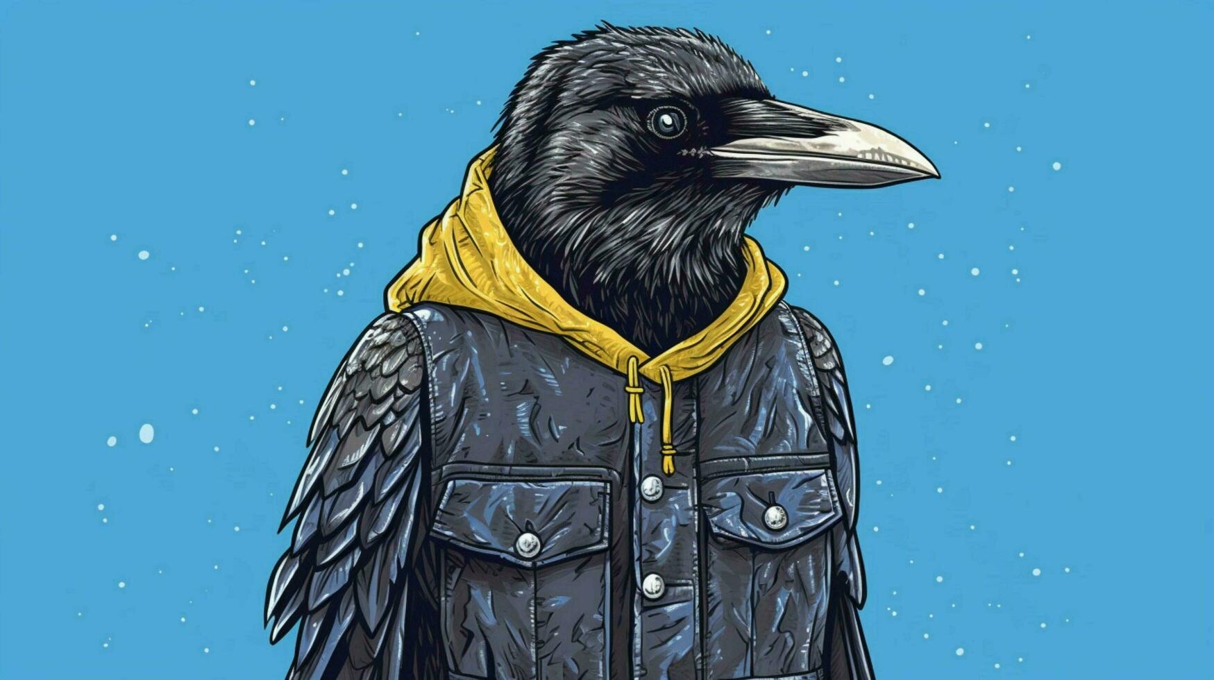 a cartoon of a crow wearing a jacket with the wor photo
