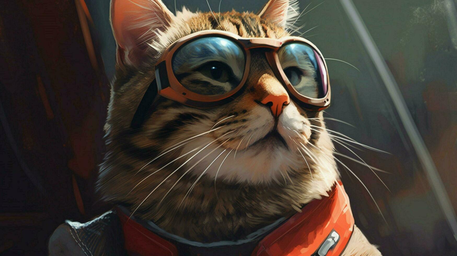 a cat wearing glasses and a collar with a tag tha photo