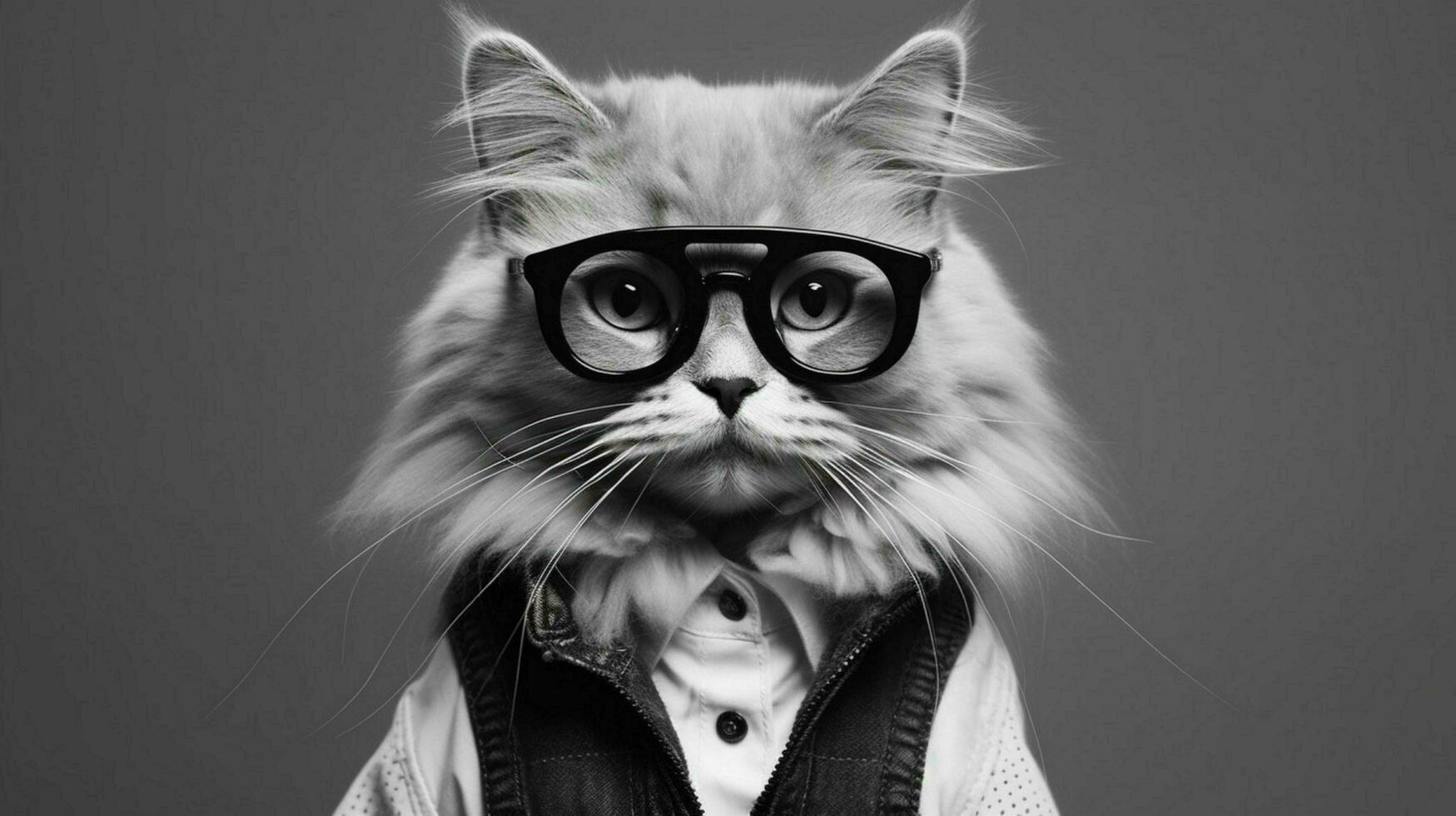 a cat wearing glasses and a collar with a tag tha photo