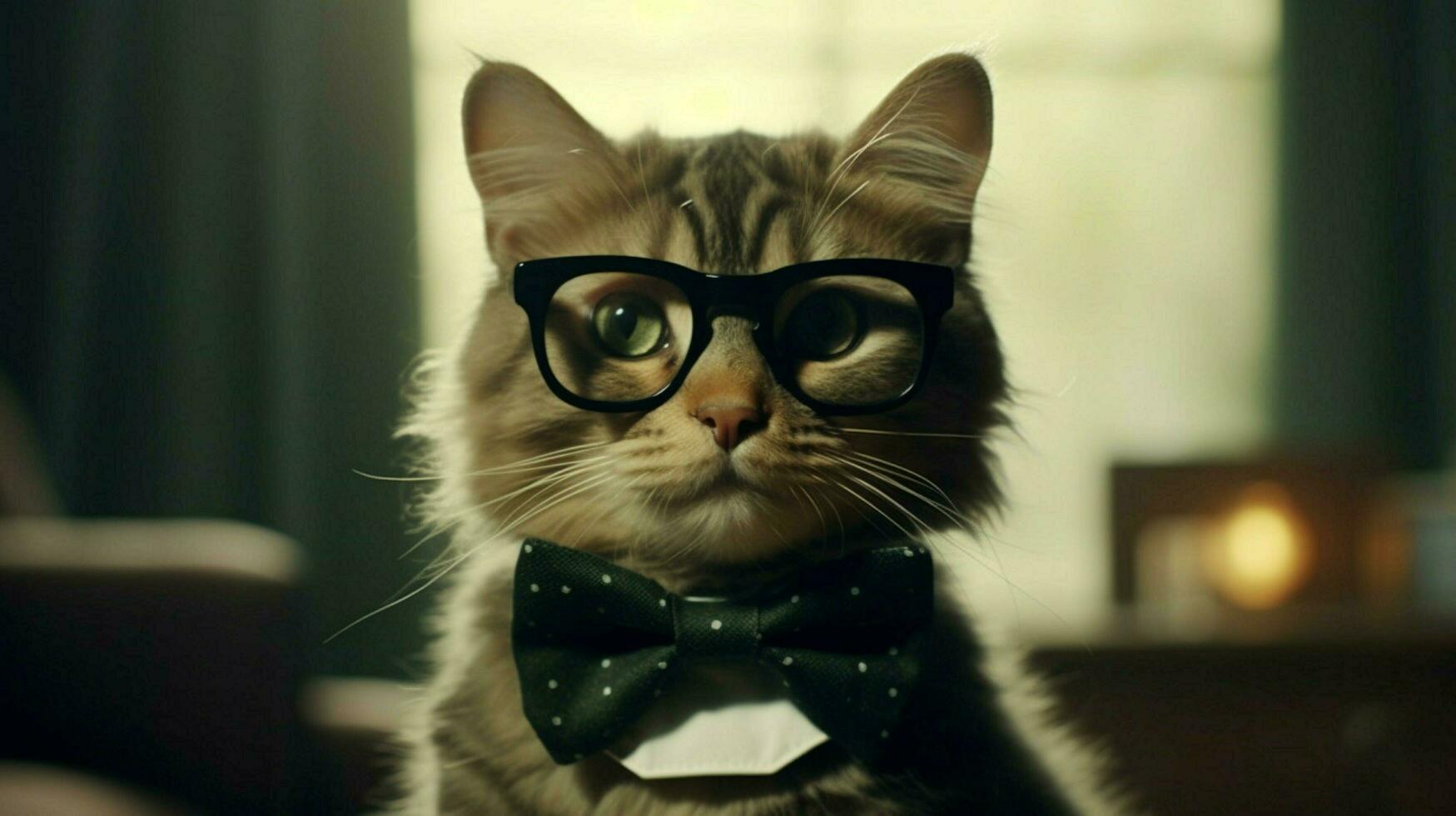 un gato con un negro bordeado lentes y un negro arco foto