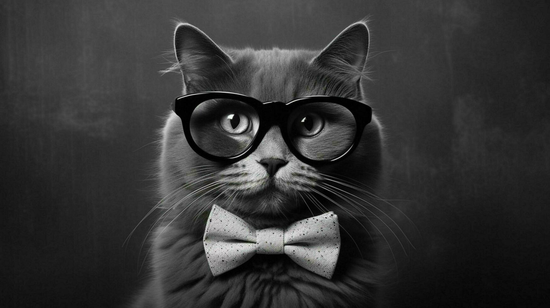 un gato con un negro bordeado lentes y un negro arco foto