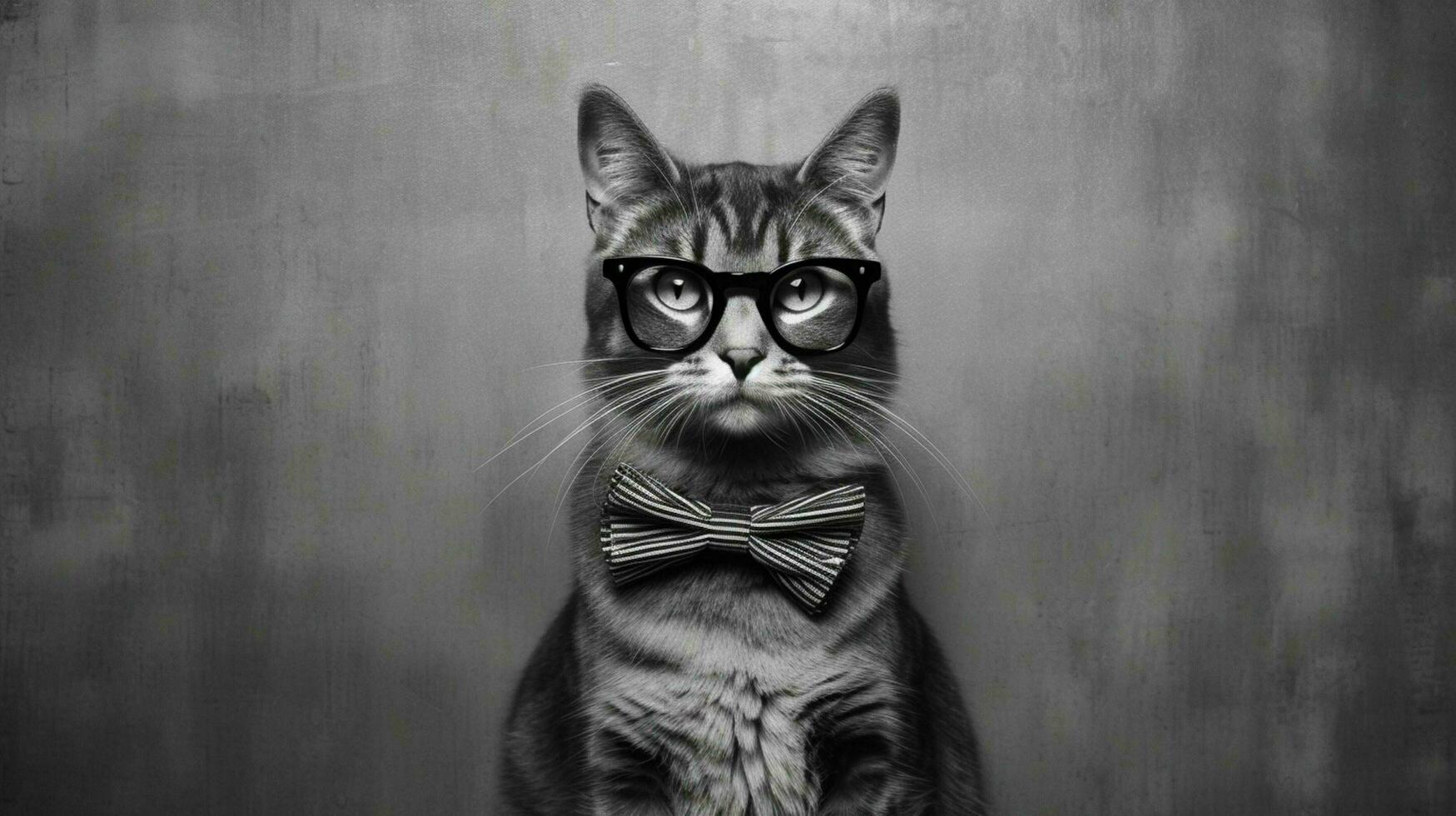 a cat with a black rimmed glasses and a black bow photo