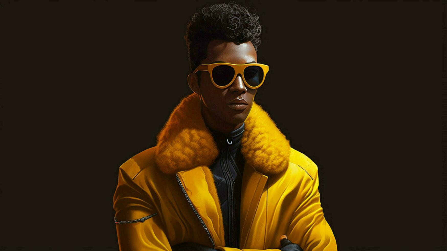 un personaje vistiendo un amarillo chaqueta y gafas de sol foto