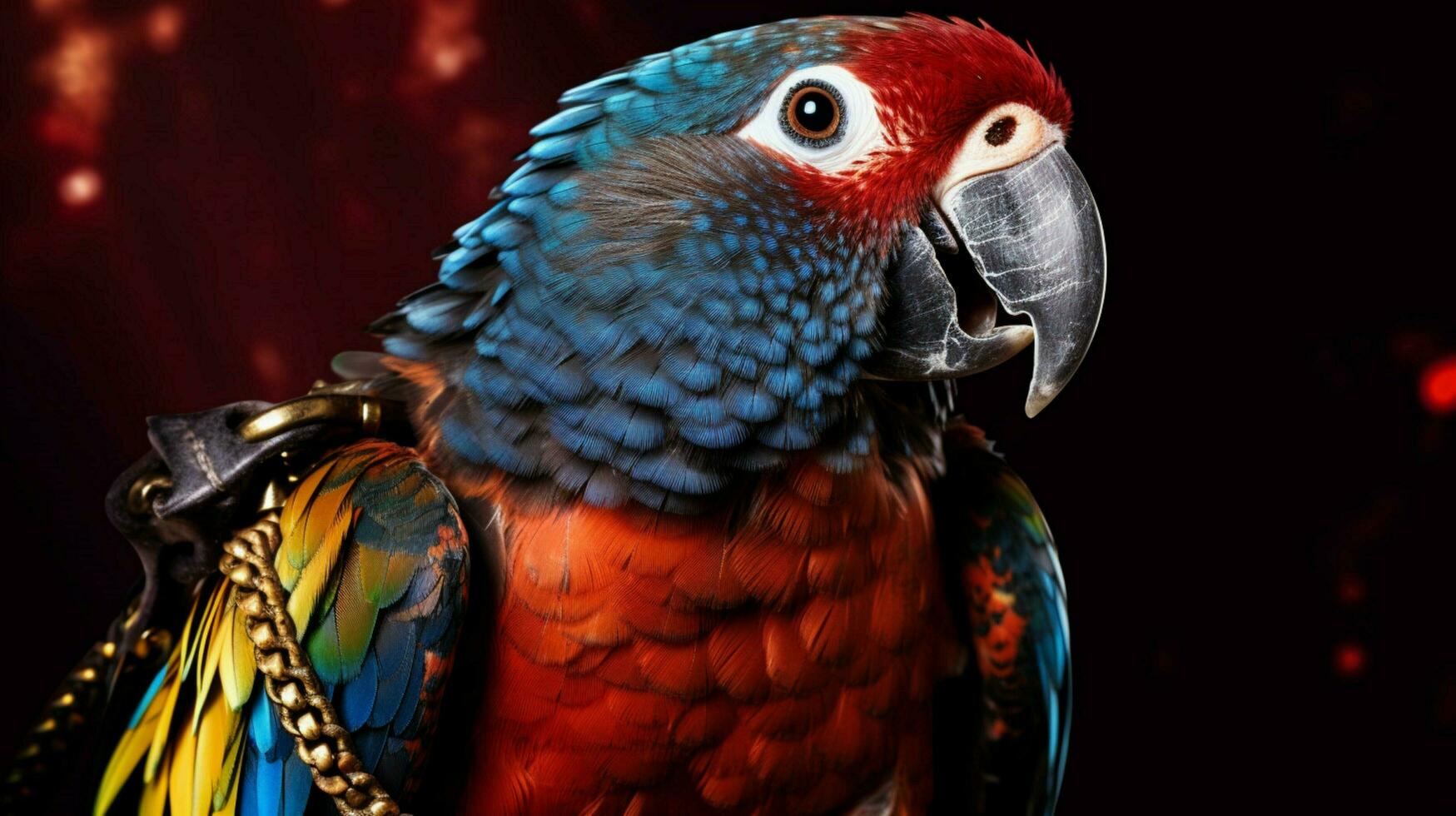 a colorful parrot with a leather harness is shown photo